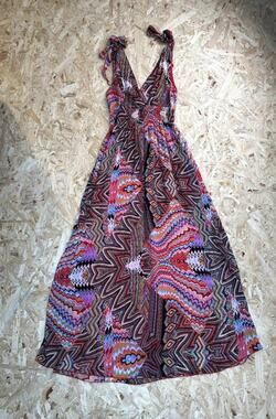 Fun & Flirt Maxi Dress Womens Small Multicolor Geometric Halter Neck Smocked